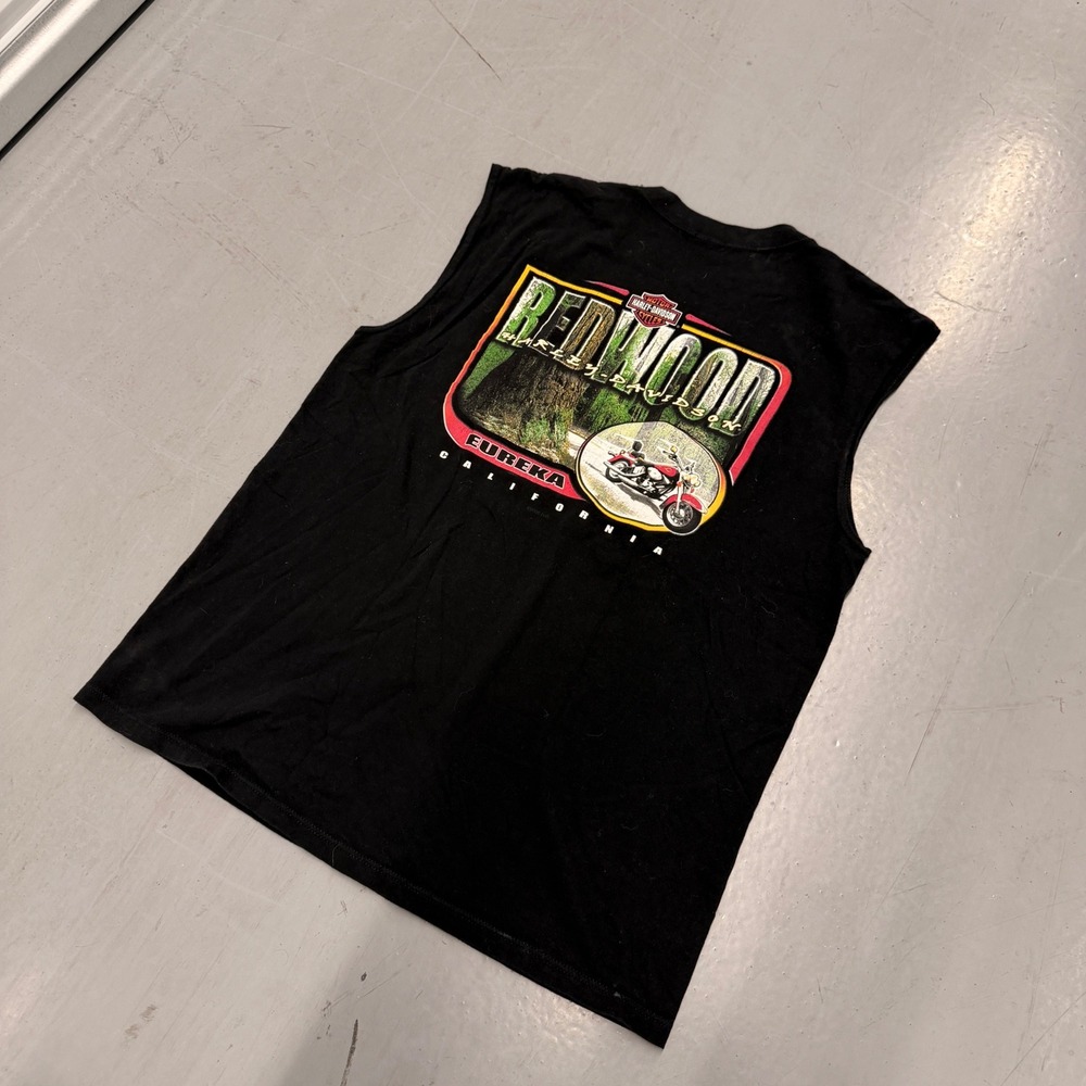 Vintage 2000 Harley Davidson Redwood Eureka CA Sleeveless Muscle T-Shirt Black L - Picture 2 of 12
